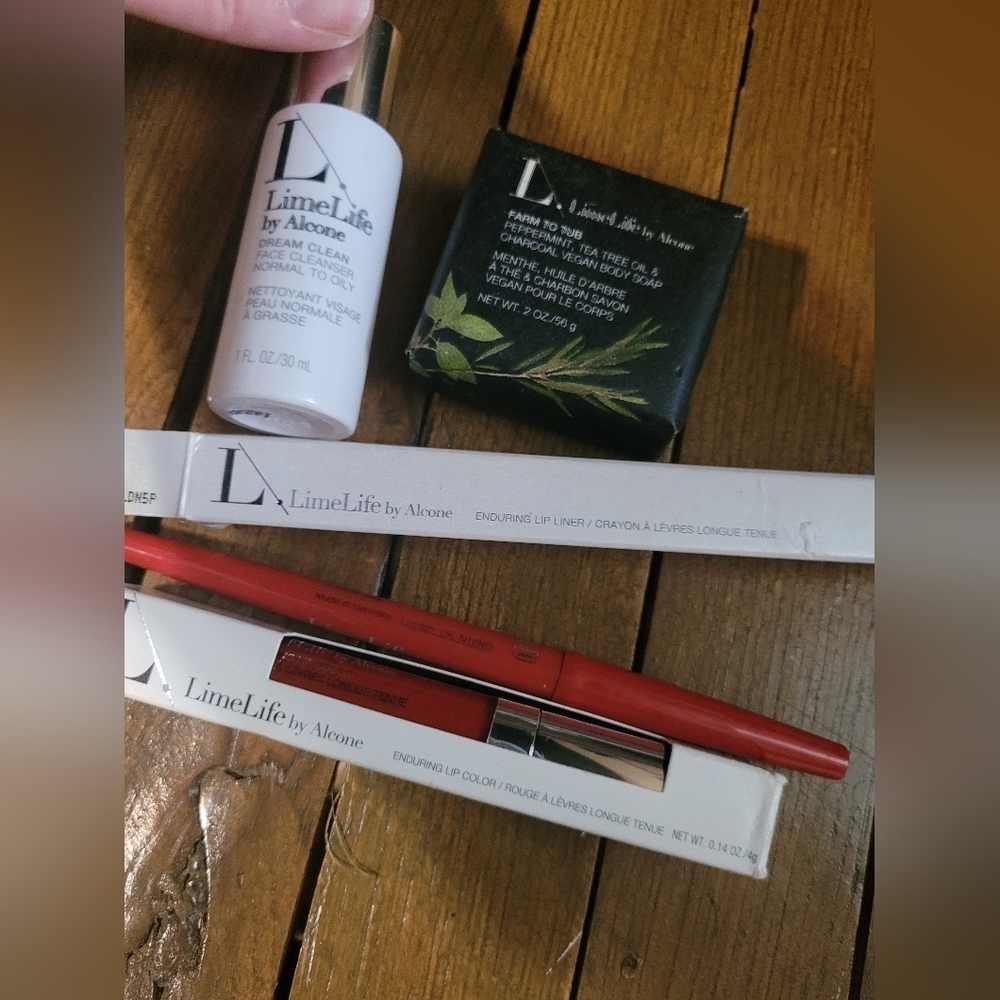 LimeLife bundle. Cherry pie lip stick, pencil, charcoal soap, &facial cleanser.